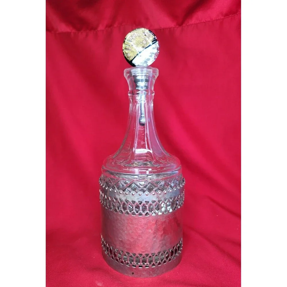 Silver Plated Caddy Bottle Hand Hammered VTG 11'' Crystal Decanter Liquor
